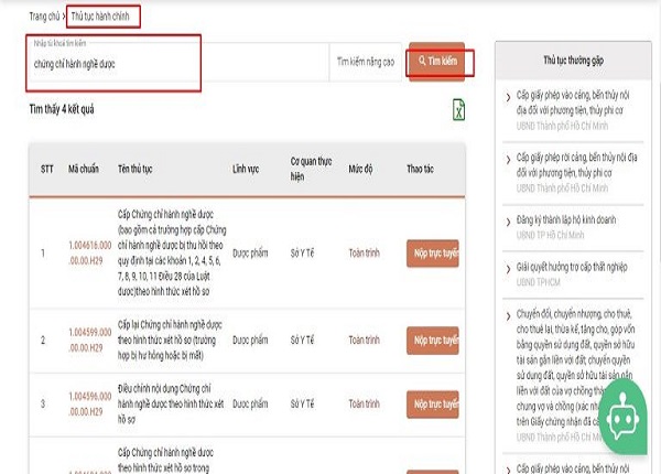 Bấm “Thủ tục hành chính” hoặc “Nộp hồ sơ trực tuyến” > Tìm kiếm “chứng chỉ hành nghề Dược”