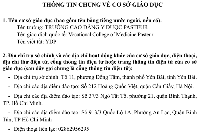 Thông tin Trường Cao đẳng Y Dược Pasteur