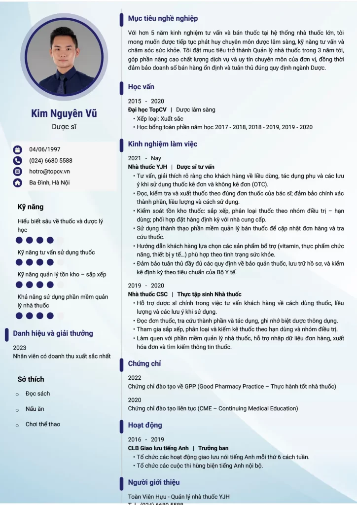Mẫu CV xin việc ngành Dược