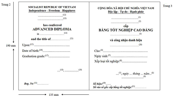 MẪU BẰNG TỐT NGHIỆP CAO ĐẲNG
(Kèm theo Thông tư số: 24/2020/TT-BLĐTBXH ngày 30 tháng 12 năm 2020 của Bộ trưởng Bộ Lao động - Thương binh và Xã hội)