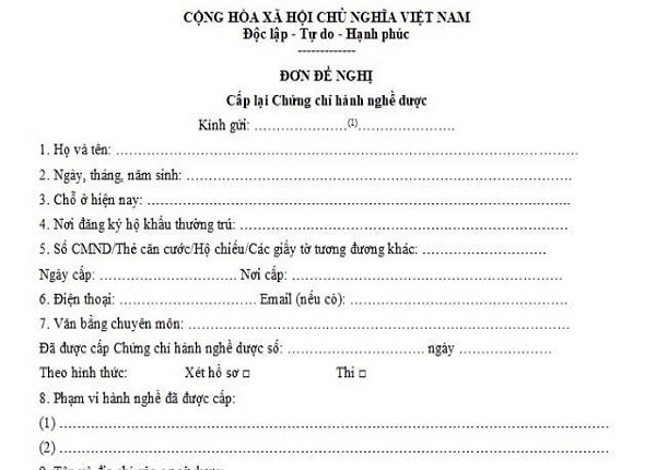 Mẫu đơn đề nghị cấp Chứng chỉ hành nghề Dược