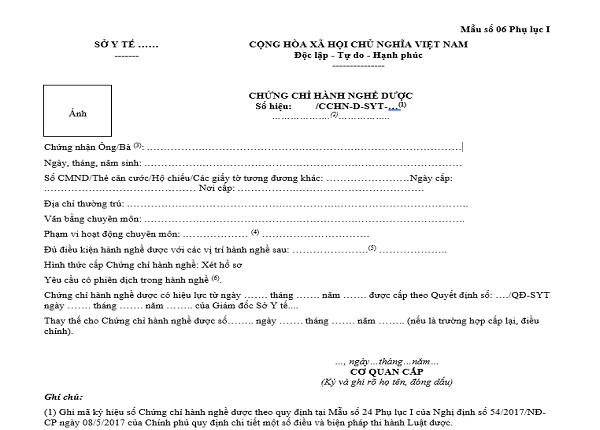 Mẫu chứng chỉ hành nghề Dược